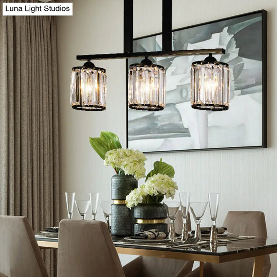 Rustic Black Cylindrical Island Pendant With 3 Lights & Prismatic Crystal Ideal For Tables