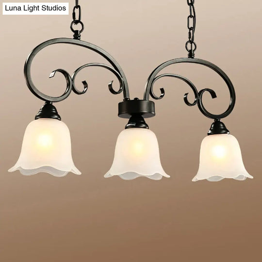 Rustic Black Floral Swirls Pendant Island Lamp - 3 Lights Frosted White Glass Perfect For