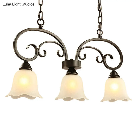 Rustic Black Floral Swirls Pendant Island Lamp - 3 Lights Frosted White Glass Perfect For