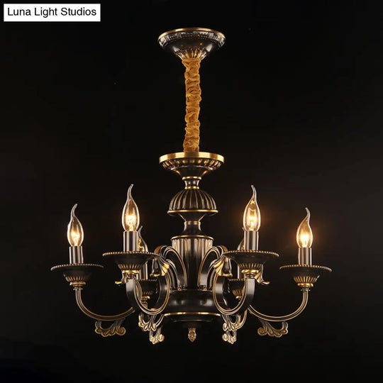 Rustic Black & Gold Metal Chandelier - 6 Heads Candle Ceiling Lamp For Living Room