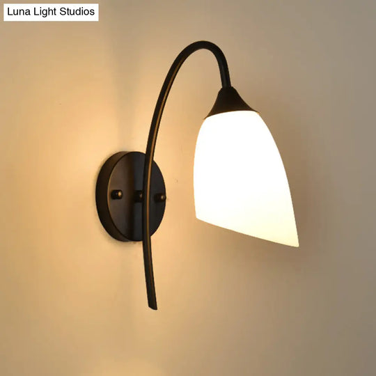 Rustic Black Gooseneck Wall Light With Milk Glass Shade - Bedroom Sconce Lamp