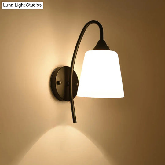 Rustic Black Gooseneck Wall Light With Milk Glass Shade - Bedroom Sconce Lamp