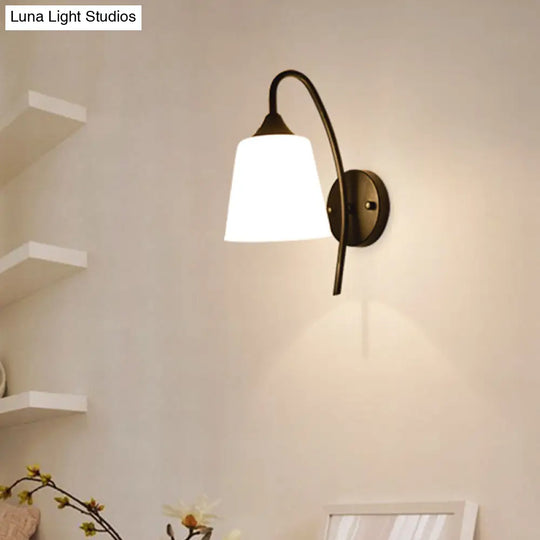 Rustic Black Gooseneck Wall Light With Milk Glass Shade - Bedroom Sconce Lamp