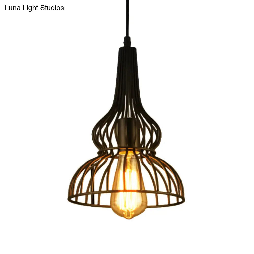 Rustic Black Gourd Pendant Lamp With Wire Frame - Loft Metal Hanging Light For Restaurants 1
