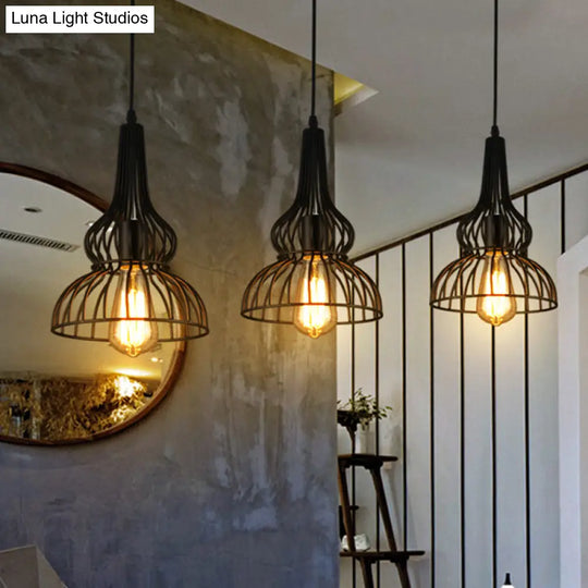 Rustic Black Gourd Pendant Lamp With Wire Frame - Loft Metal Hanging Light For Restaurants 1