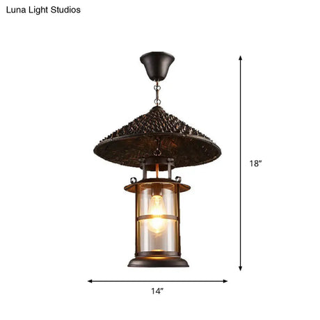 Rustic Black Hanging Pendant Light With Transparent Glass Cylinder And Pointy Hat Decoration Single