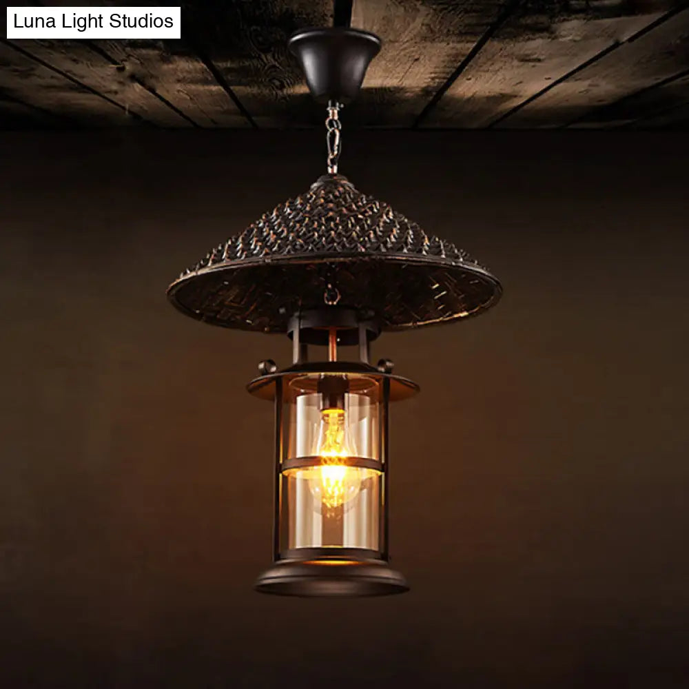 Black Rural Pendant Light With Transparent Glass Cylinder And Pointy Hat Decoration