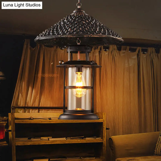 Black Rural Pendant Light With Transparent Glass Cylinder And Pointy Hat Decoration