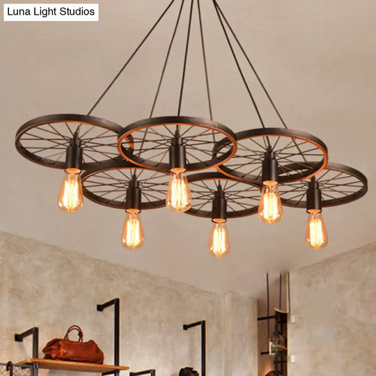 Rustic Iron Black Wheel Chandelier Ceiling Light - 3/6 Bulbs Living Room 6 /