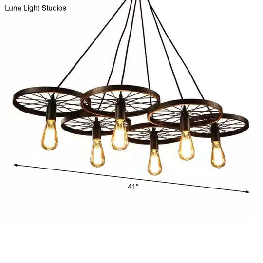 Rustic Iron Black Wheel Chandelier Ceiling Light - 3/6 Bulbs Living Room