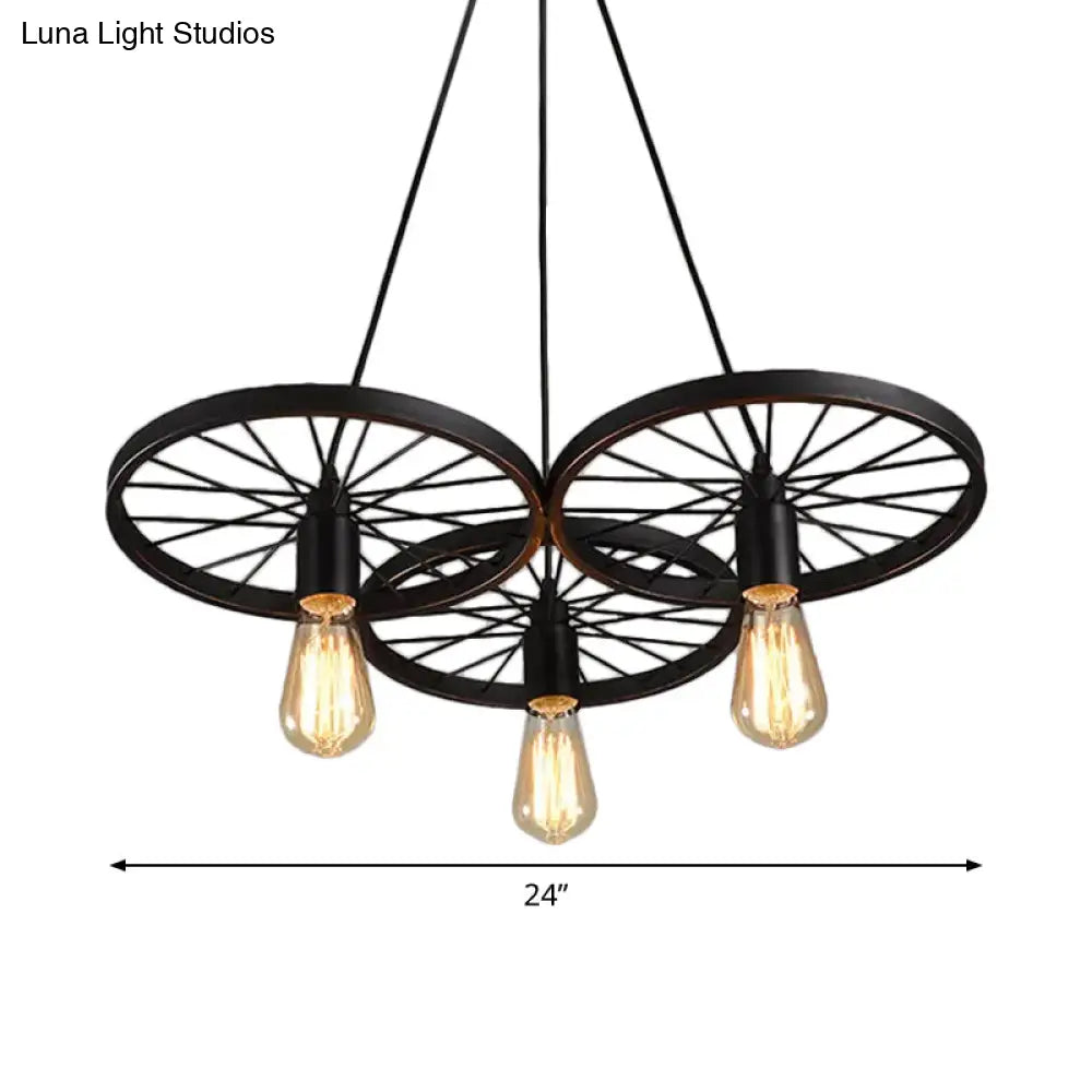 Rustic Iron Black Wheel Chandelier Ceiling Light - 3/6 Bulbs Living Room