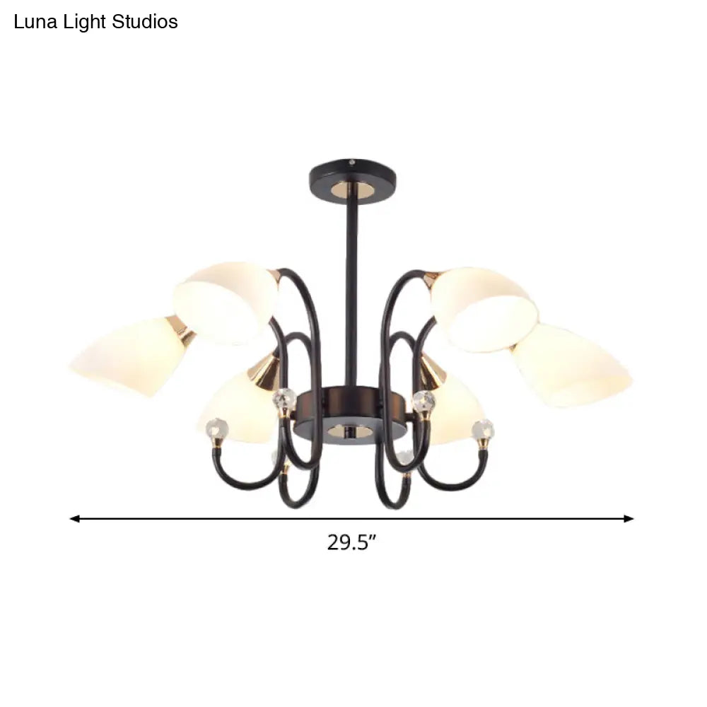 Rustic Black Iron Chandelier With Frosted Glass Shades - Hanging Ceiling Light Curve Arm 6/8/10