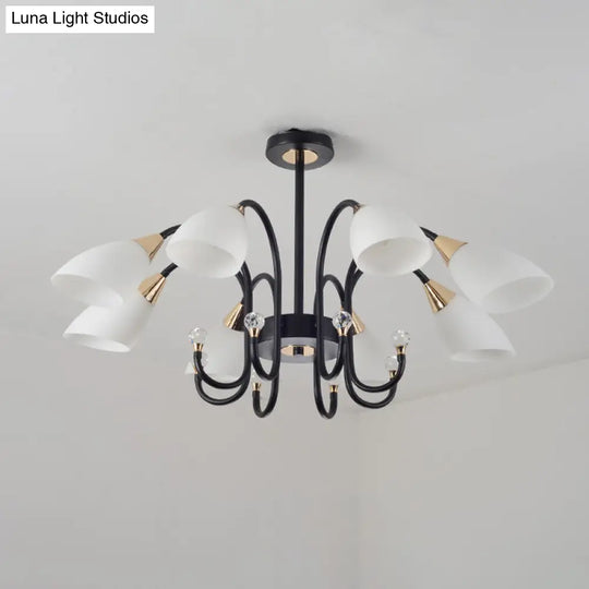 Rustic Black Iron Chandelier With Frosted Glass Shades - Hanging Ceiling Light Curve Arm 6/8/10