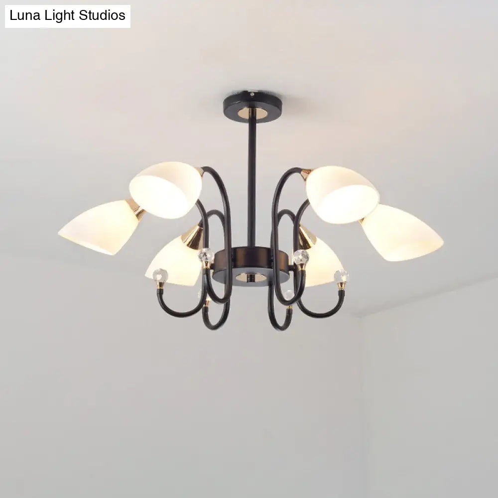 Rustic Black Iron Chandelier With Frosted Glass Shades - Hanging Ceiling Light Curve Arm 6/8/10