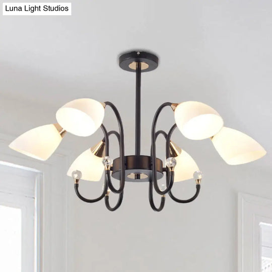 Rustic Black Iron Chandelier Light With Frosted Cone Glass Shades - 6/8/10 Heads Curved Arm Design