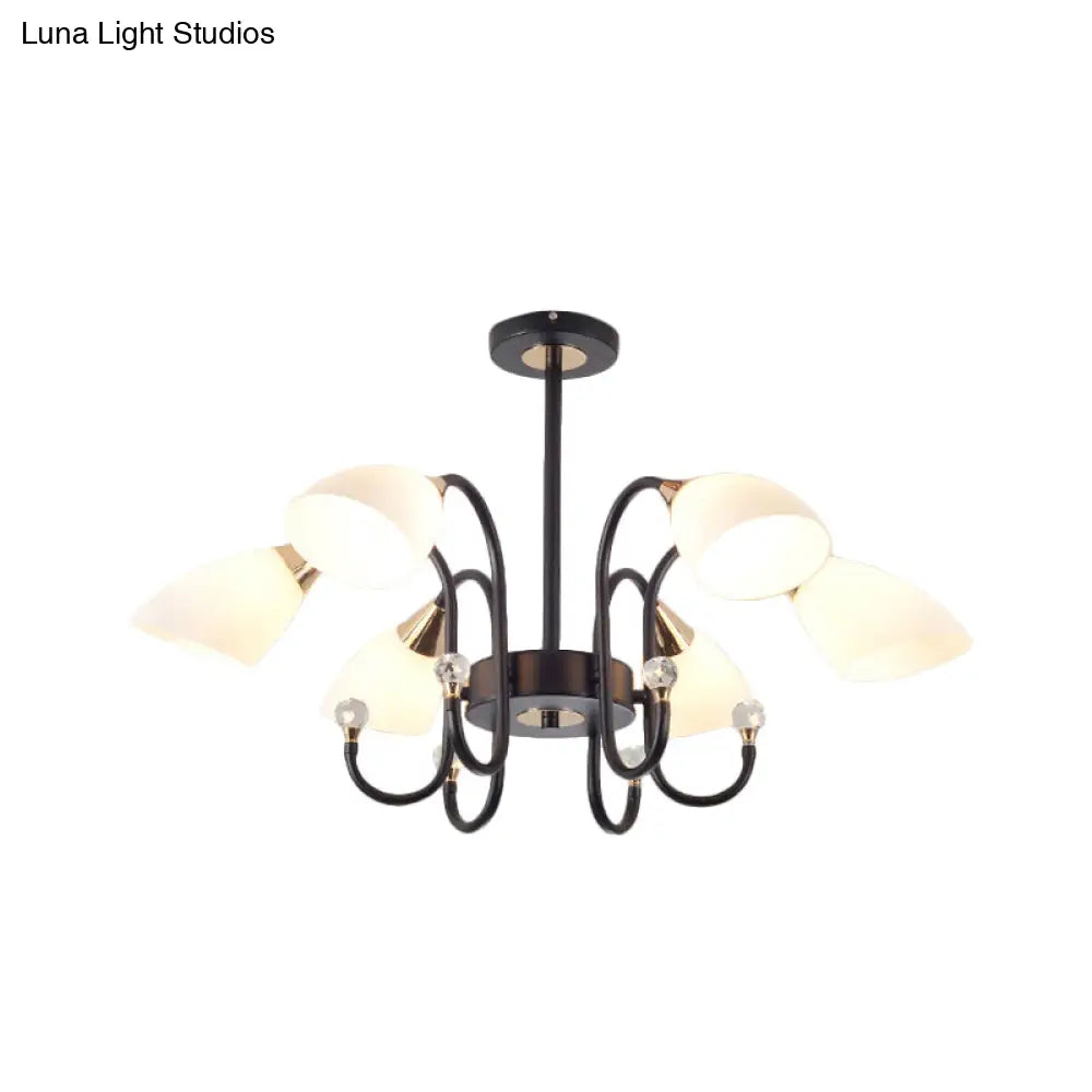 Rustic Black Iron Chandelier With Frosted Glass Shades - Hanging Ceiling Light Curve Arm 6/8/10