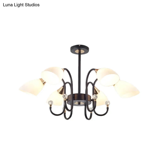 Rustic Black Iron Chandelier With Frosted Glass Shades - Hanging Ceiling Light Curve Arm 6/8/10