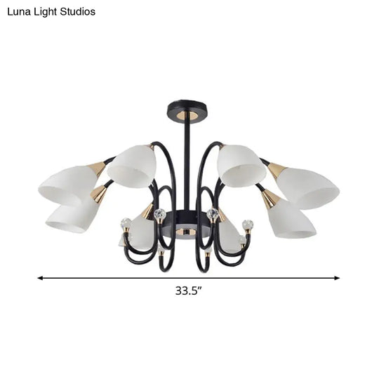 Rustic Black Iron Chandelier Light With Frosted Cone Glass Shades - 6/8/10 Heads Curved Arm Design