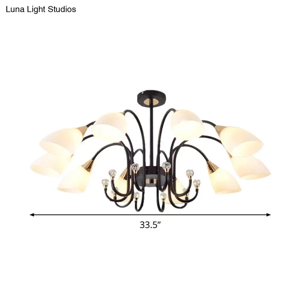 Rustic Black Iron Chandelier Light With Frosted Cone Glass Shades - 6/8/10 Heads Curved Arm Design