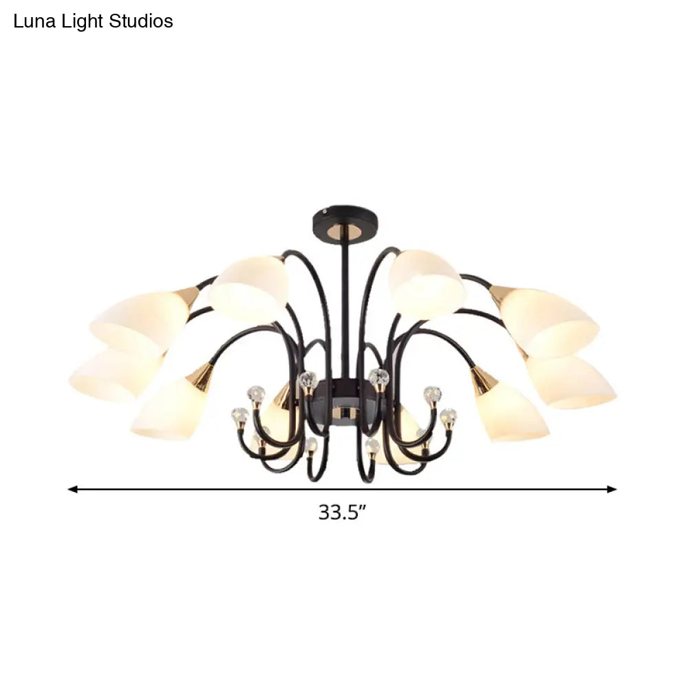 Rustic Black Iron Chandelier With Frosted Glass Shades - Hanging Ceiling Light Curve Arm 6/8/10