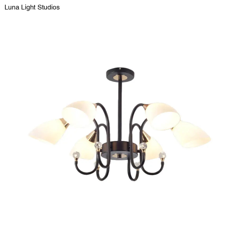 Rustic Black Iron Chandelier Light With Frosted Cone Glass Shades - 6/8/10 Heads Curved Arm Design