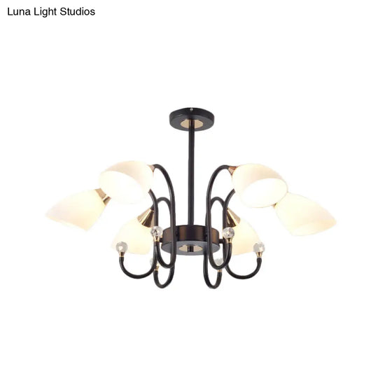 Rustic Black Iron Chandelier Light With Frosted Cone Glass Shades - 6/8/10 Heads Curved Arm Design