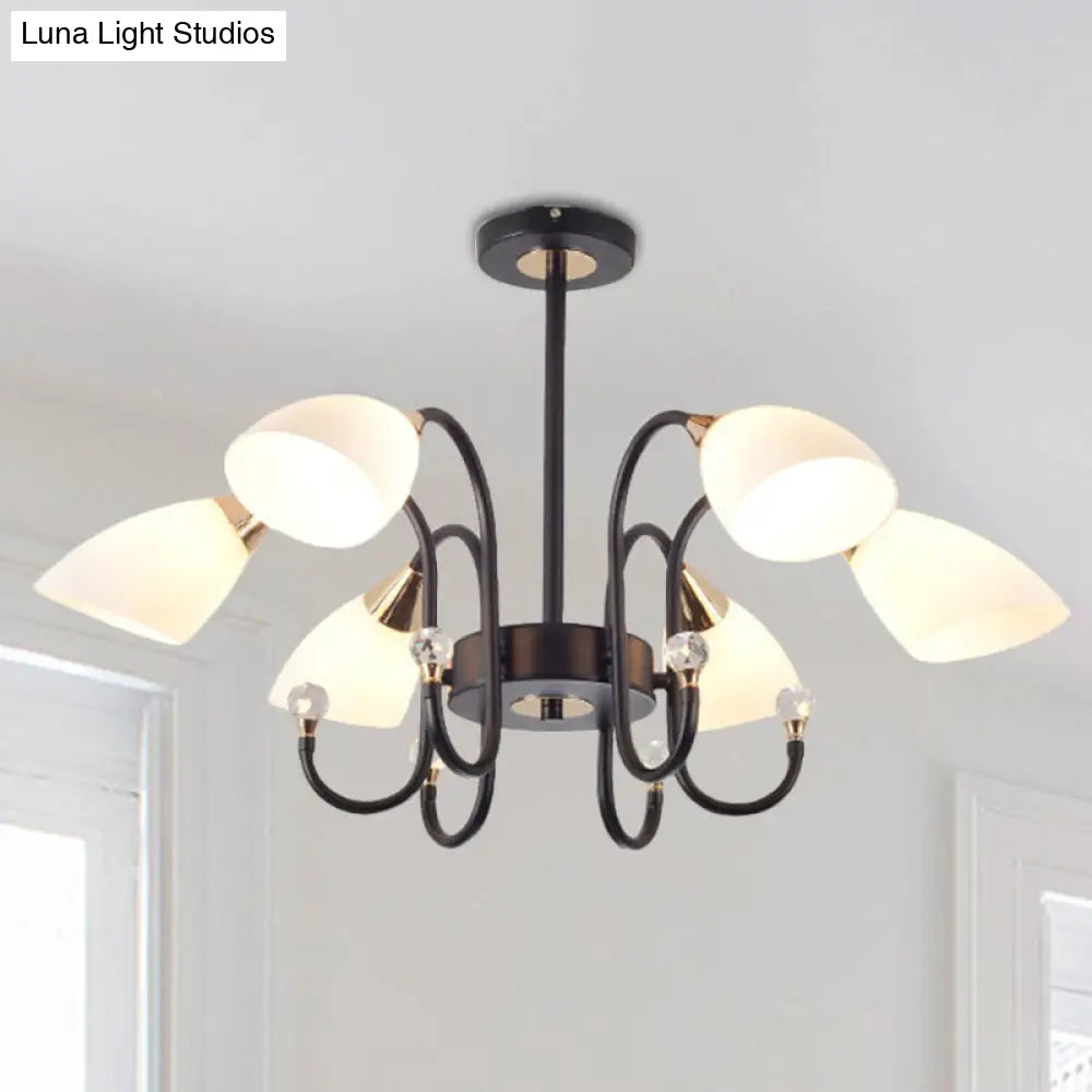 Rustic Black Iron Chandelier With Frosted Glass Shades - Hanging Ceiling Light Curve Arm 6/8/10