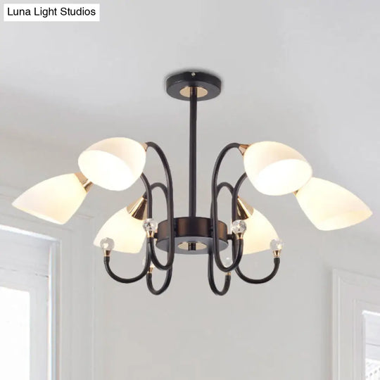 Rustic Black Iron Chandelier With Frosted Glass Shades - Hanging Ceiling Light Curve Arm 6/8/10