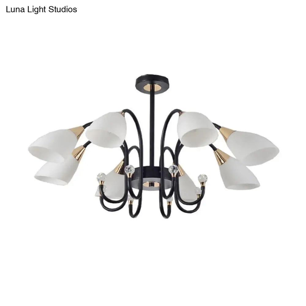 Rustic Black Iron Chandelier Light With Frosted Cone Glass Shades - 6/8/10 Heads Curved Arm Design