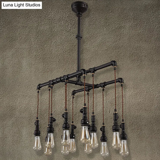 Black Industrial Led Pipe Chandelier For Restaurant Island - Iron Plumbing Hanging Lamp 12 /