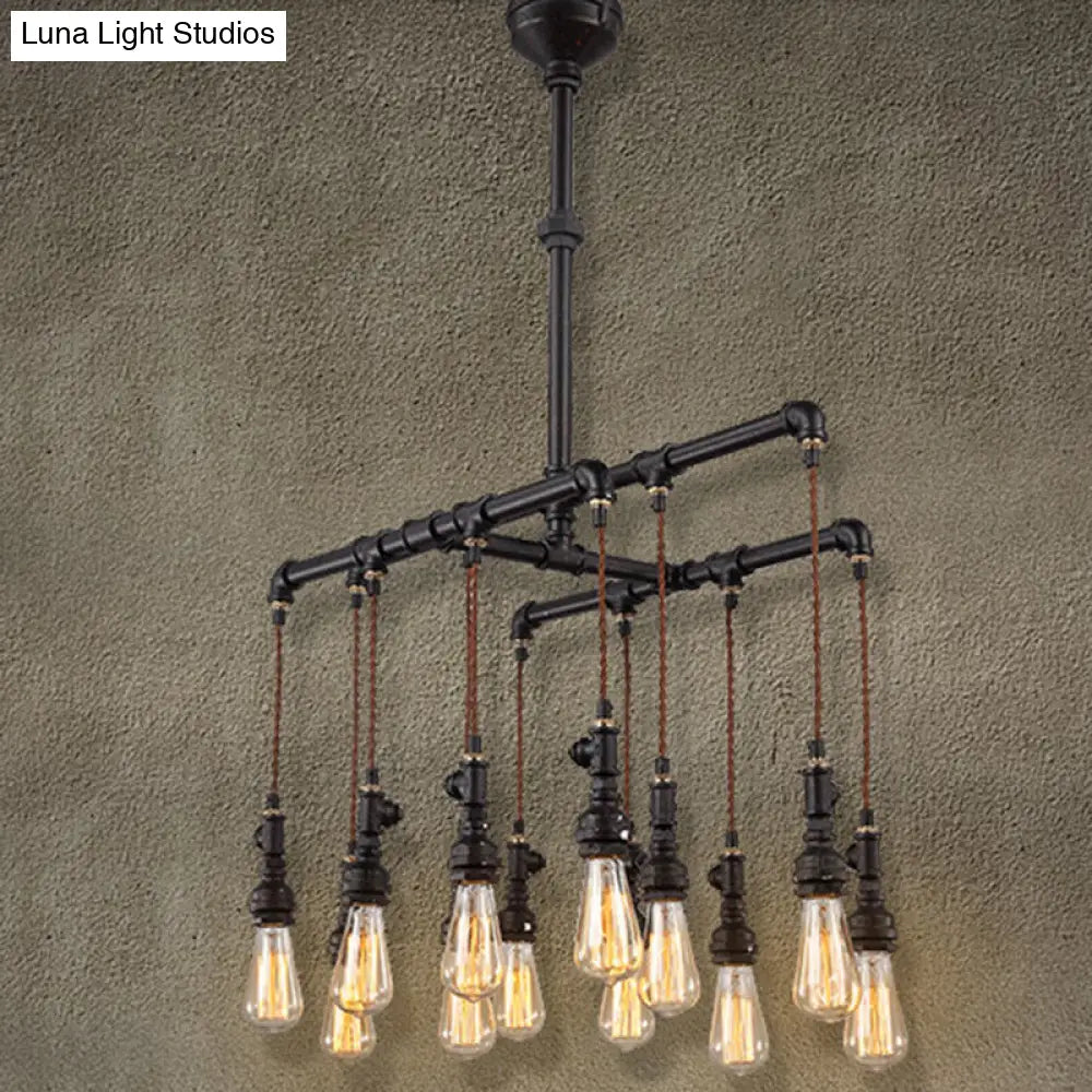 Black Industrial Led Pipe Chandelier For Restaurant Island - Iron Plumbing Hanging Lamp