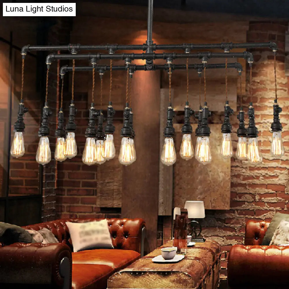 Black Industrial Led Pipe Chandelier For Restaurant Island - Iron Plumbing Hanging Lamp 18 /