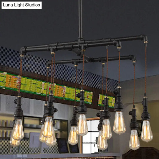 Black Industrial Led Pipe Chandelier For Restaurant Island - Iron Plumbing Hanging Lamp