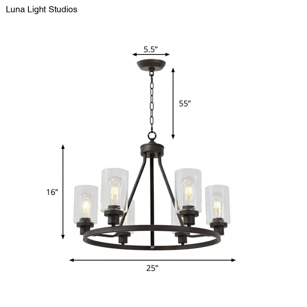 Rustic Black Iron Wagon Wheel Chandelier Pendant With 6 Lights And Clear Glass Cylinder Shade
