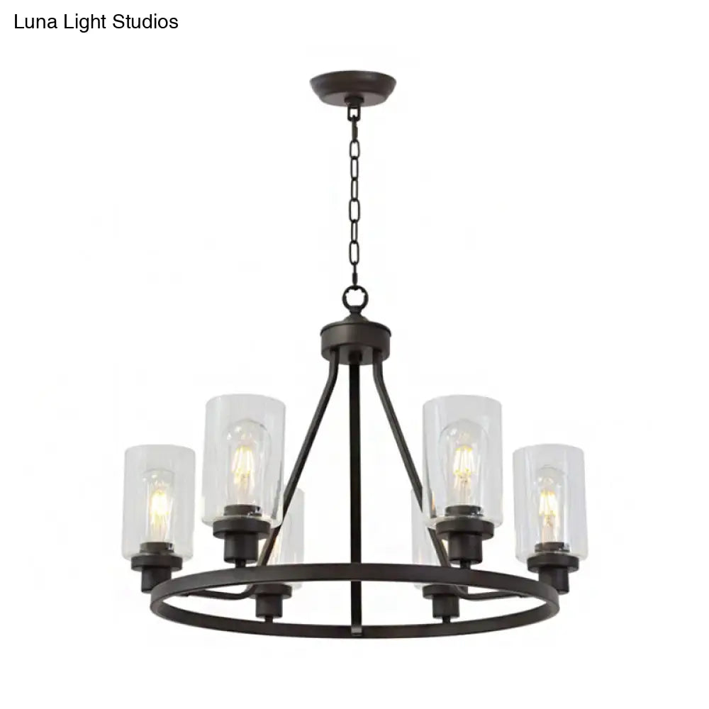 Rustic Black Iron 6-Light Wagon Wheel Chandelier Pendant With Clear Glass Shades