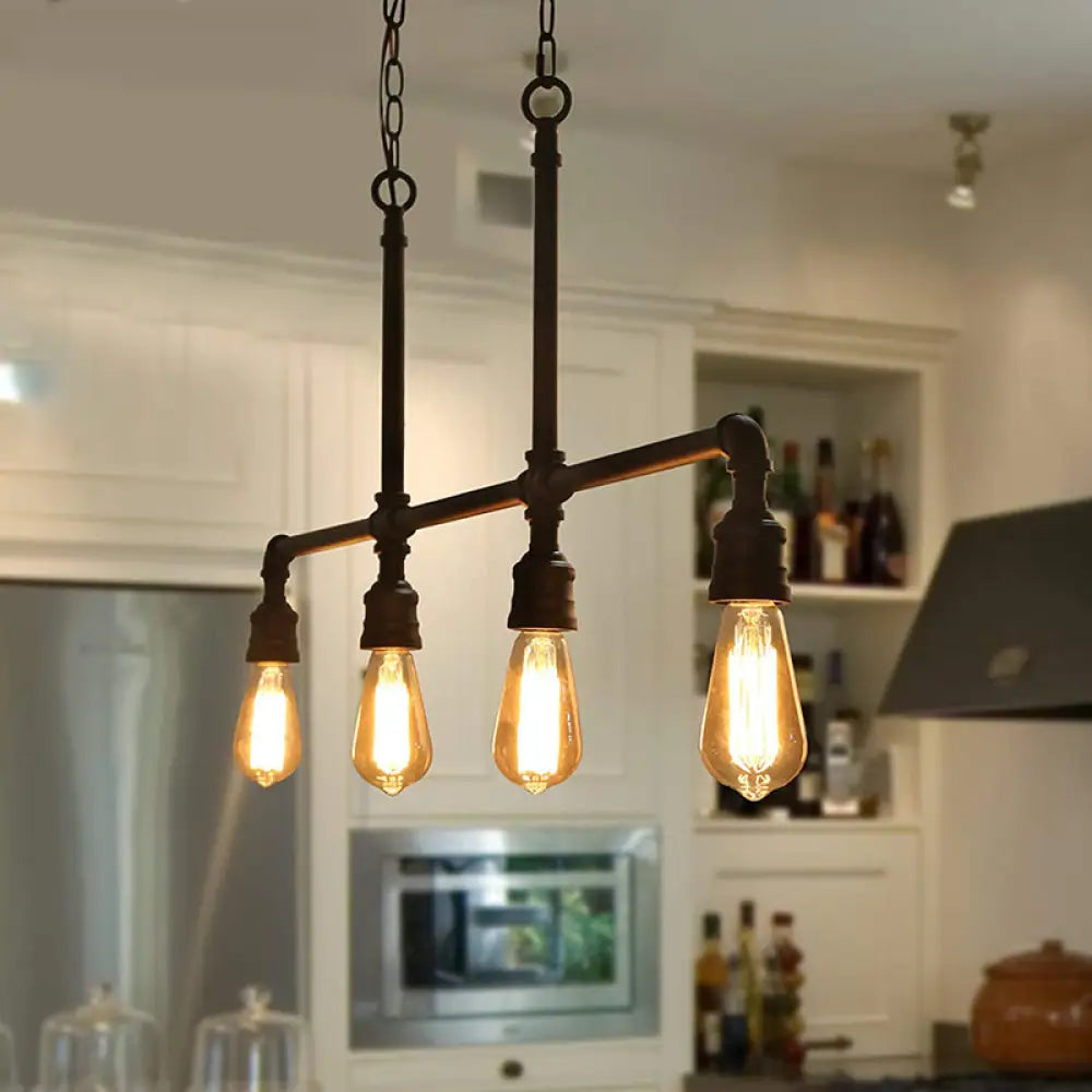 Rustic Black Island Lighting: 4-Head Metal Linear Piped Pendant For Living Room