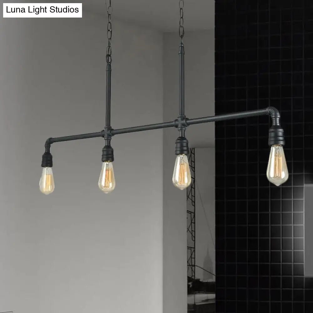 Rustic Black Island Lighting: 4-Head Metal Linear Piped Pendant For Living Room