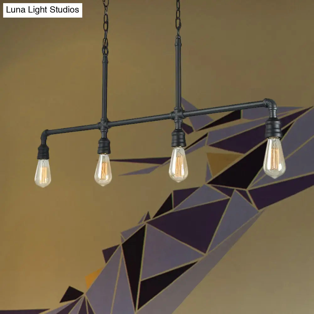 Rustic Black Island Lighting: 4-Head Metal Linear Piped Pendant For Living Room