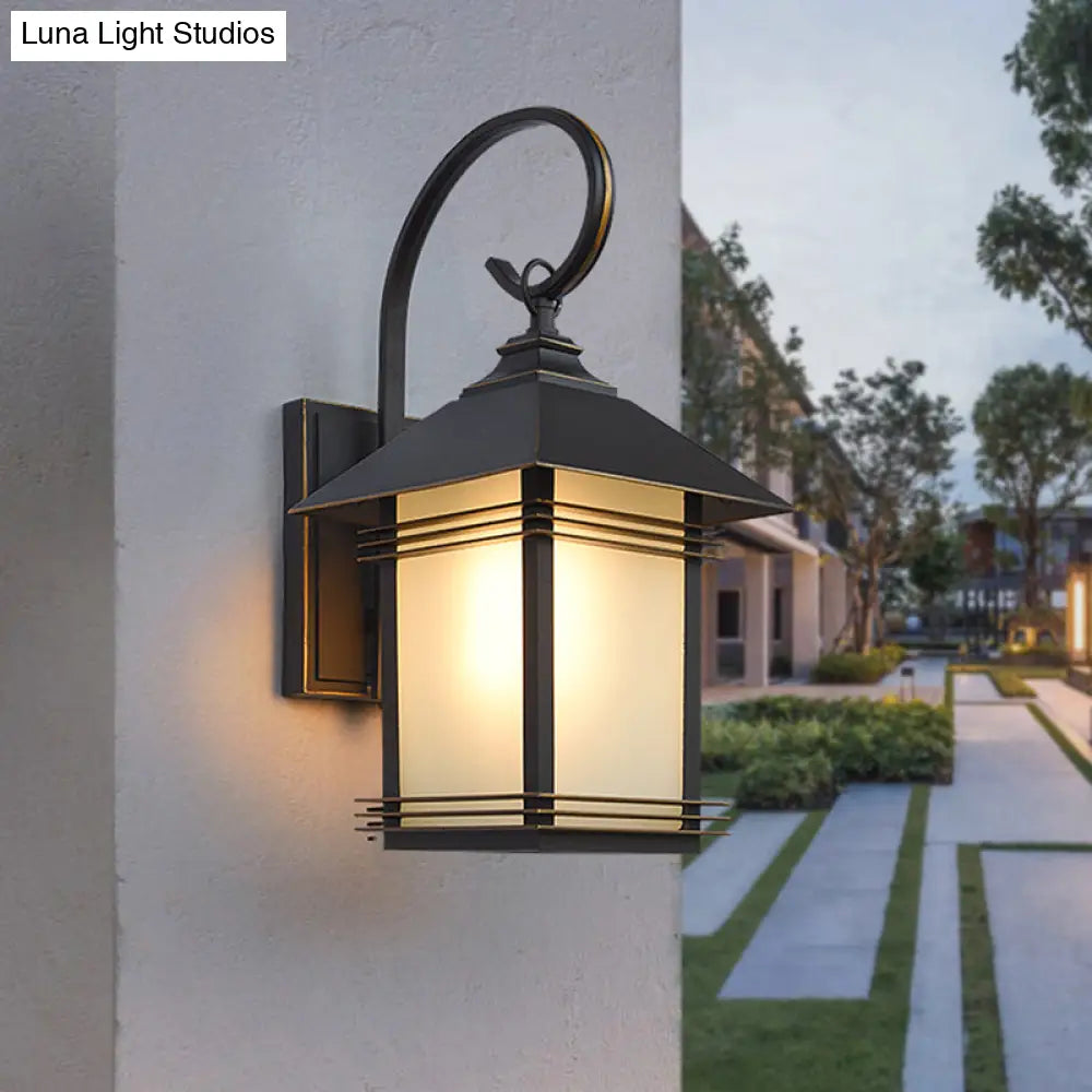 Rustic Black Lantern Wall Lamp: Opaque Glass Outdoor 1-Light Fixture