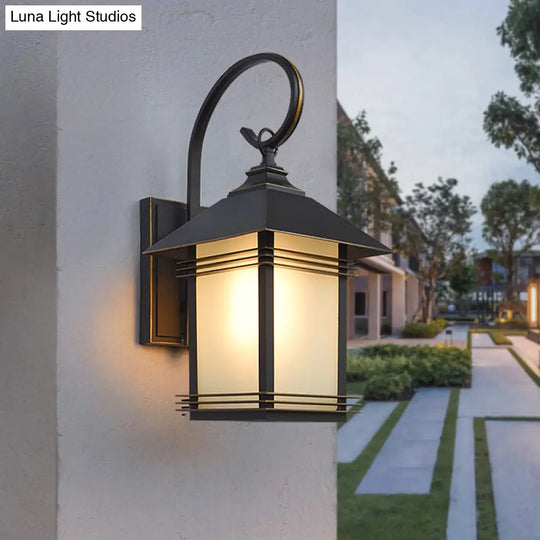 Rustic Black Lantern Wall Lamp: Opaque Glass Outdoor 1-Light Fixture