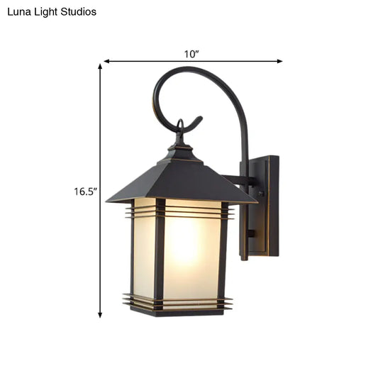 Rustic Black Lantern Wall Lamp: Opaque Glass Outdoor 1-Light Fixture