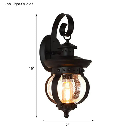 Rustic Black Lantern Wall Sconce With Seedy Glass - Bedroom Lighting Fixture