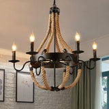 Rustic Black Metal Candelabra Pendant Chandelier - 6-Light Rope Hanging Ceiling Light With
