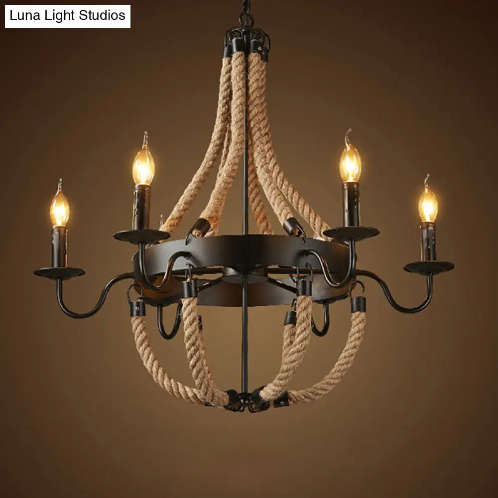6-Light Industrial Candelabra Pendant Chandelier: Black Rope Hanging Ceiling Light With Metal Circle