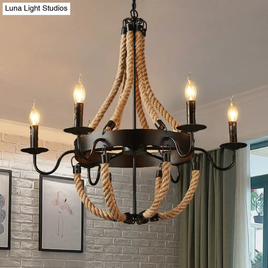 6-Light Industrial Candelabra Pendant Chandelier: Black Rope Hanging Ceiling Light With Metal Circle