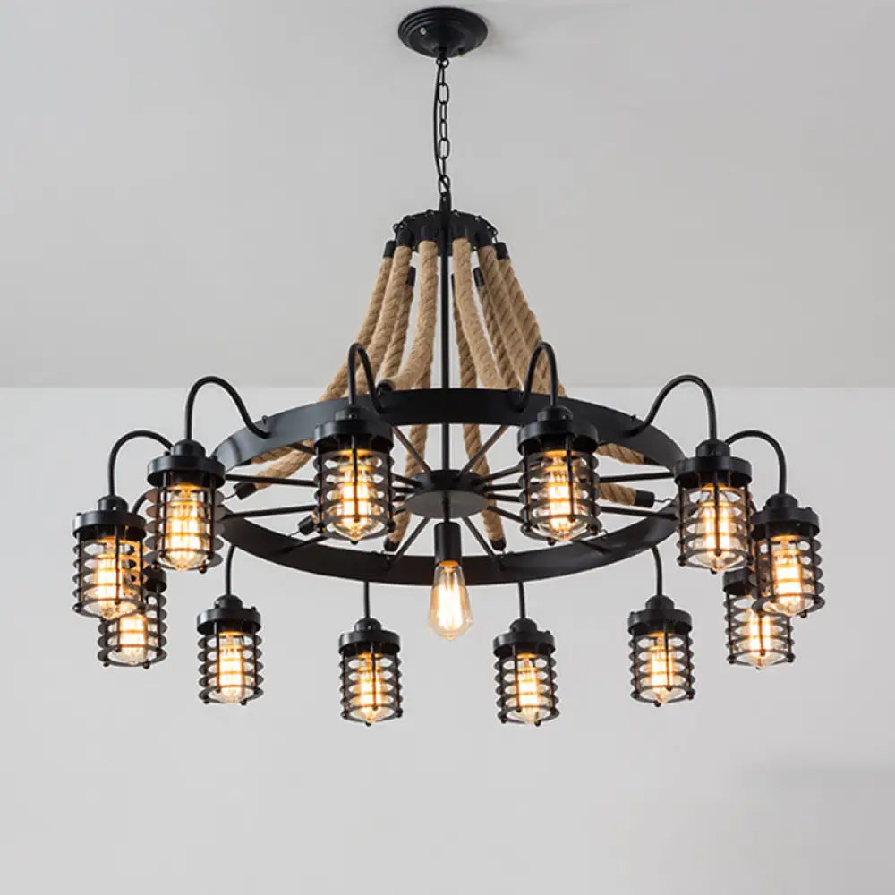 Rustic Black Metal Chandelier With 7/9 Cylinder Cage Heads And Rope Suspension 13 /