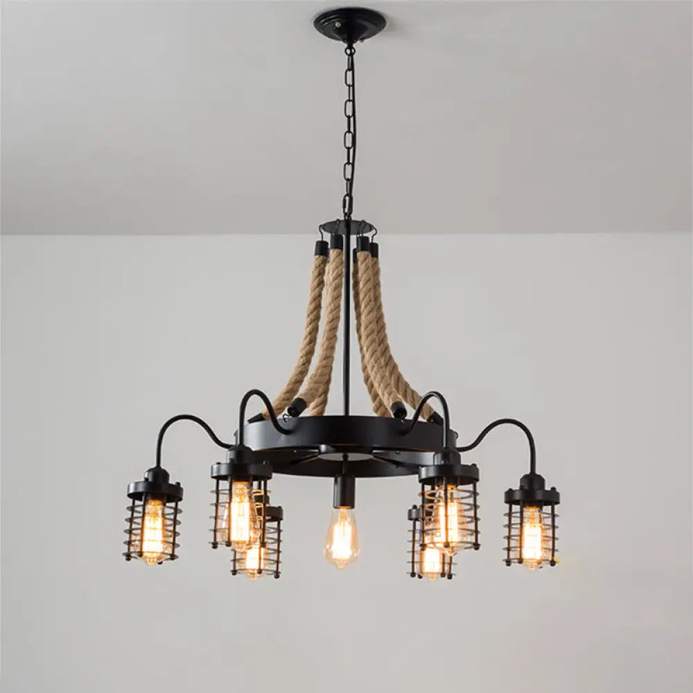 Rustic Black Metal Chandelier With 7/9 Cylinder Cage Heads And Rope Suspension 7 /