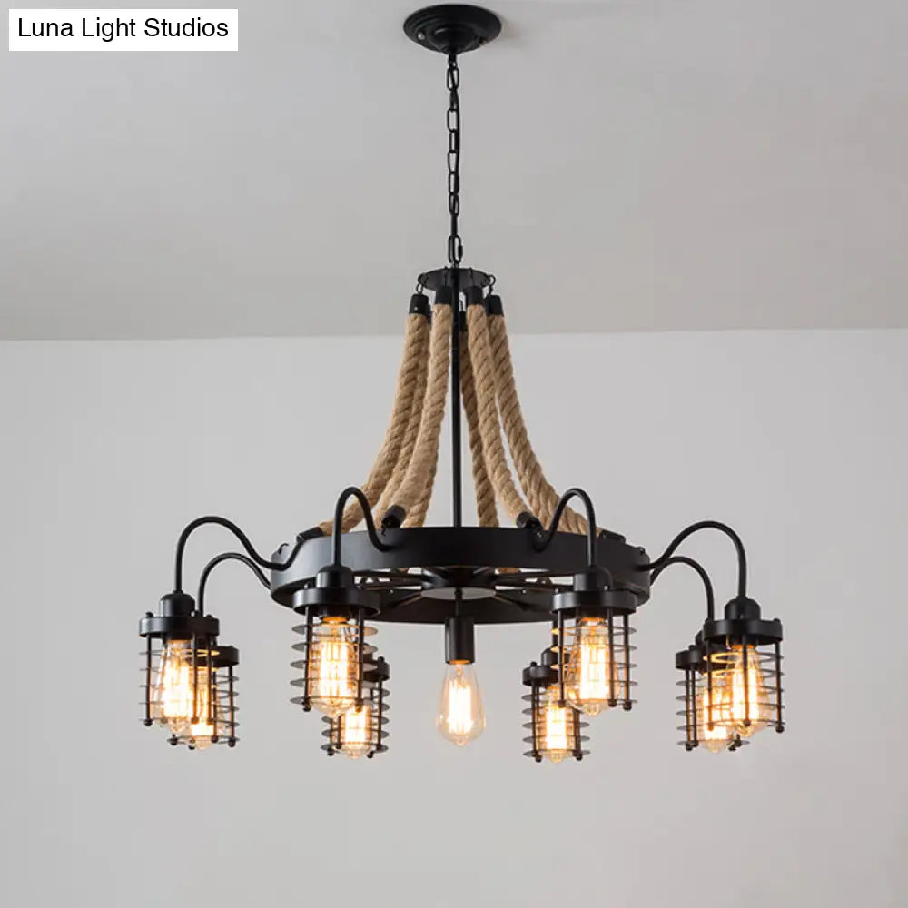 Rustic Black Metal Chandelier With 7/9 Cylinder Cage Heads And Rope Suspension