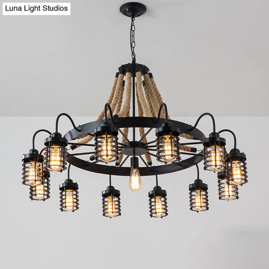 Vintage Black Metal Cage Chandelier With Rope Suspension - 7/9 Heads | Wagon Wheel Design 13 /