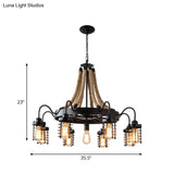 Rustic Black Metal Chandelier With 7/9 Cylinder Cage Heads And Rope Suspension